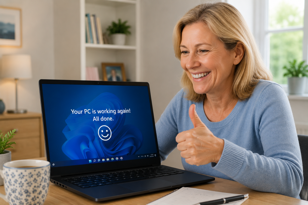 person smiling after computer starts working again