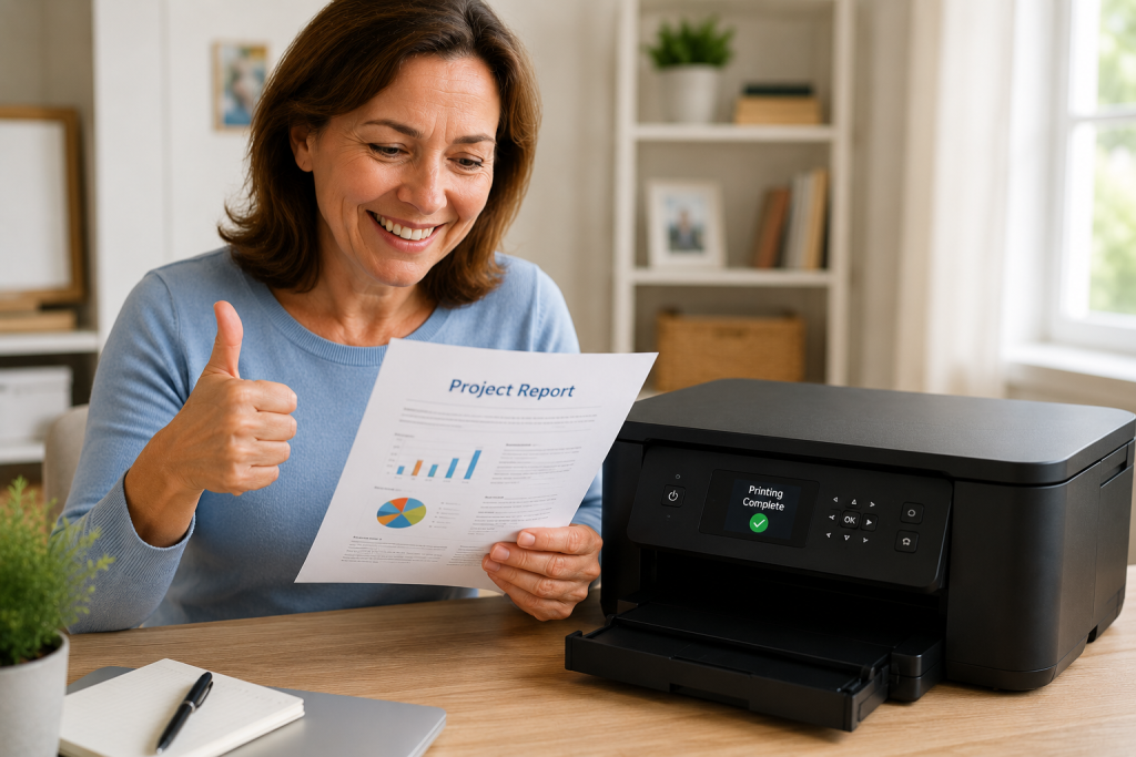 person smiling after printer starts working again
