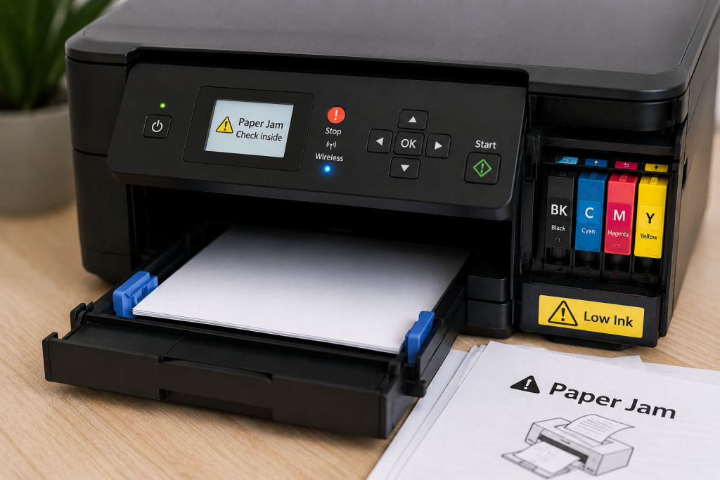 printer showing warning light and paper tray