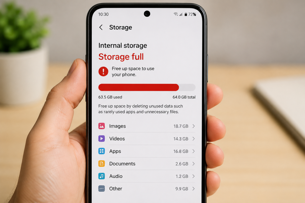 smartphone showing storage full warning message