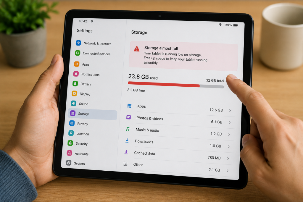 tablet settings screen showing low storage warning
