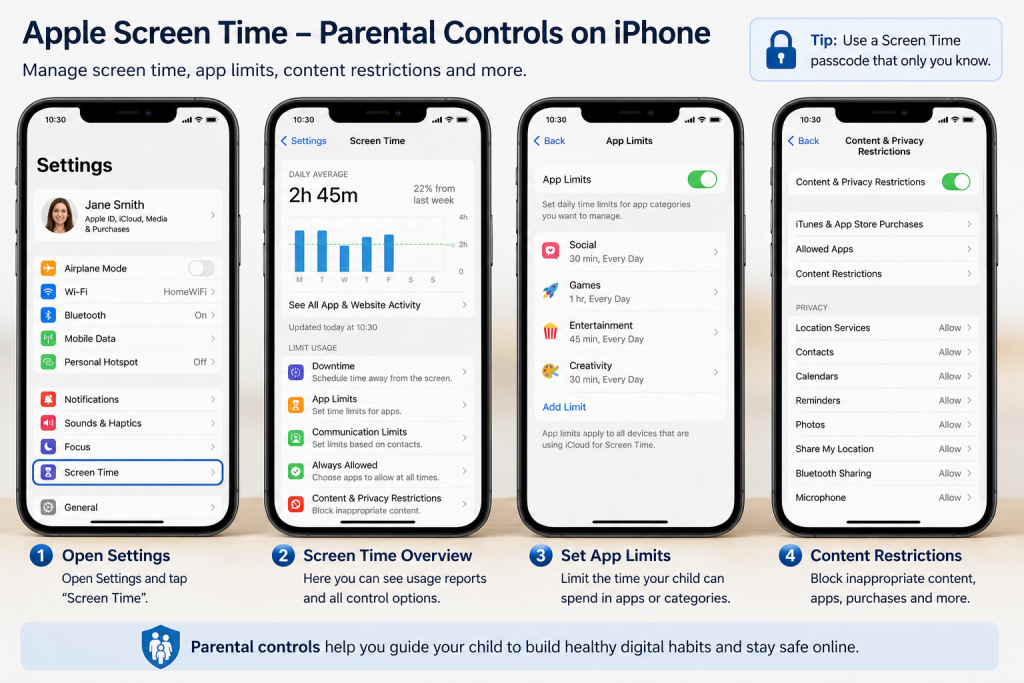 Apple Screen Time parental controls settings on an iPhone showing app limits, content restrictions and screen time management features.