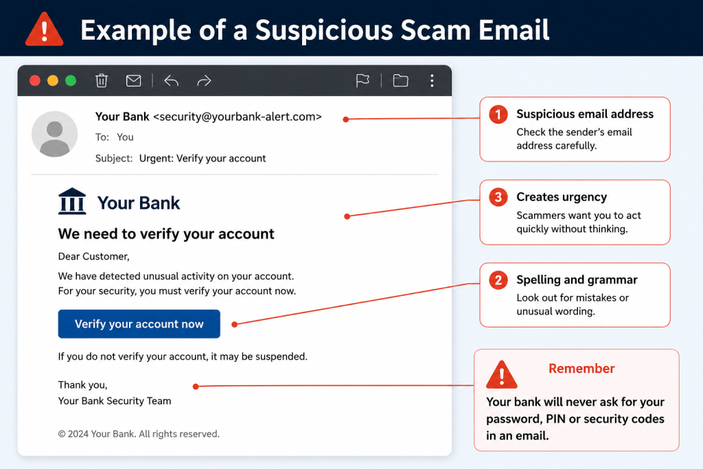 Example of a suspicious scam email pretending to be from a bank with warning symbols highlighting potential fraud.