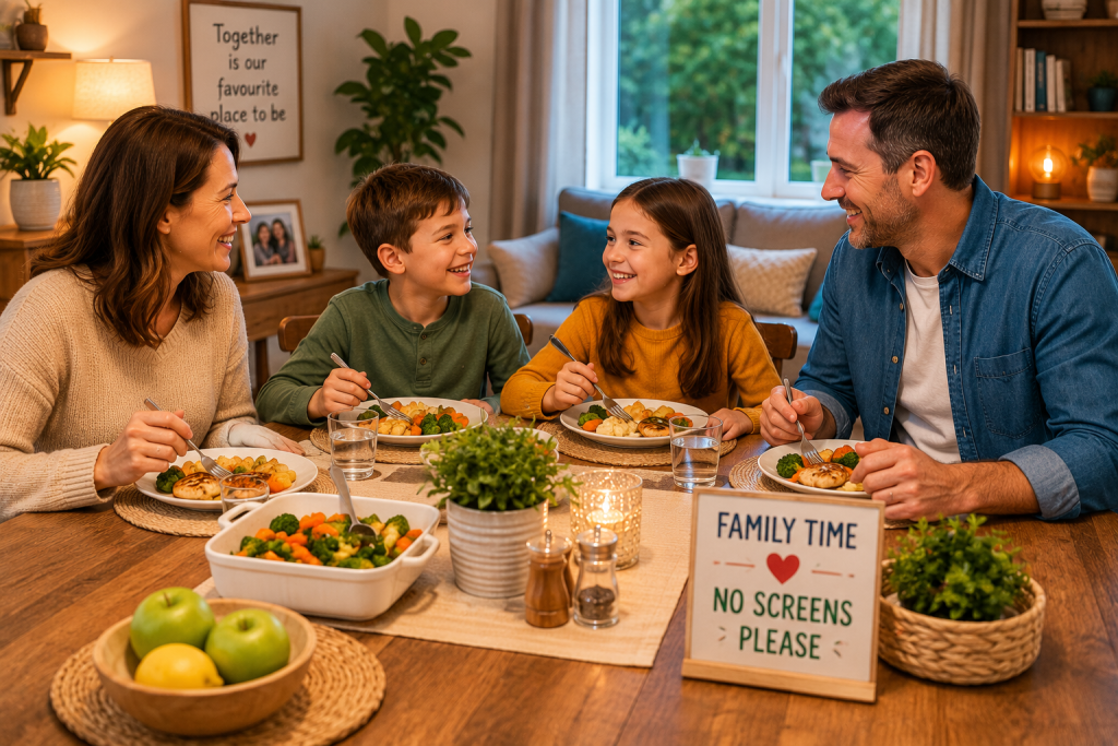 Family having dinner together with no phones on the table.