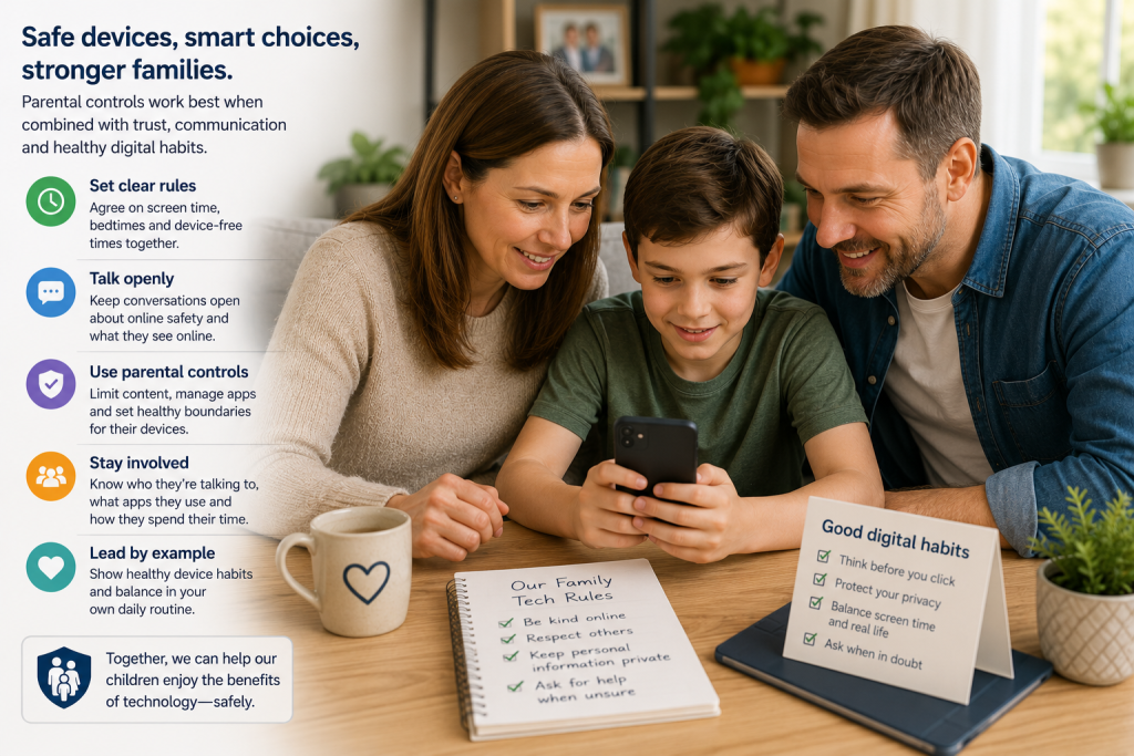 Family talking about online safety and responsible smartphone use.