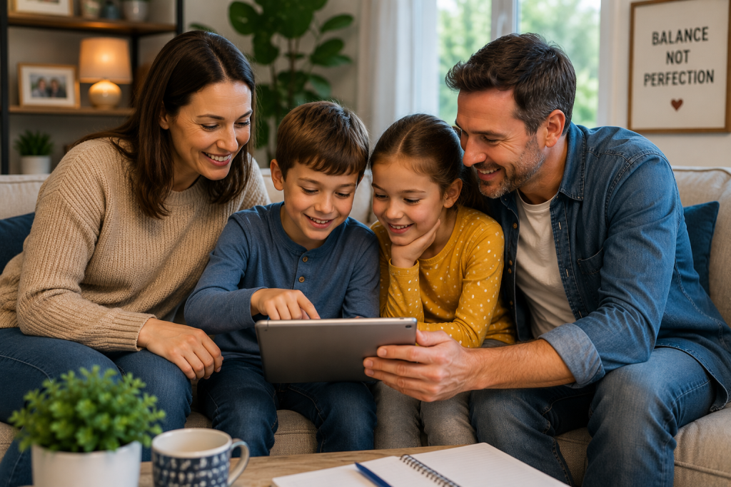 Family using technology responsibly and together.