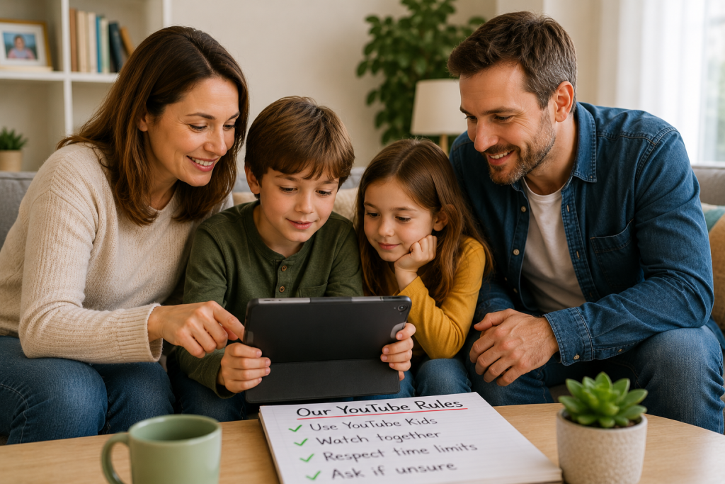 Family using technology together and discussing online safety.