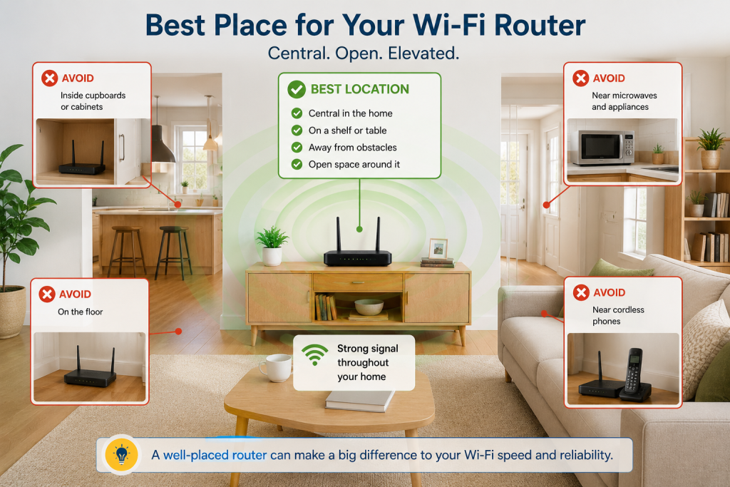 Modern home showing the best central location for a Wi-Fi router with strong wireless coverage throughout the house.