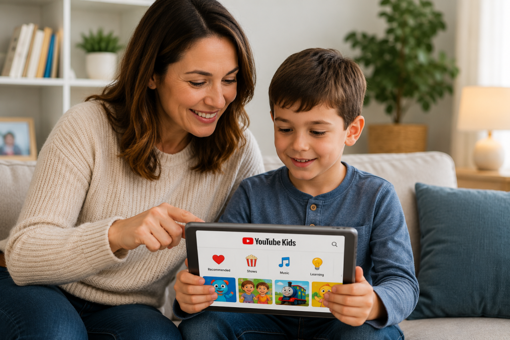 Parent helping child use YouTube safely on a tablet.