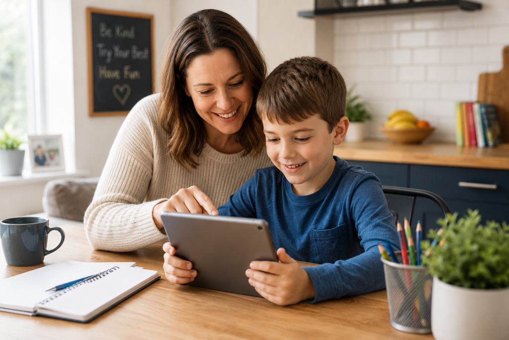 Parent helping child use a tablet safely at home.