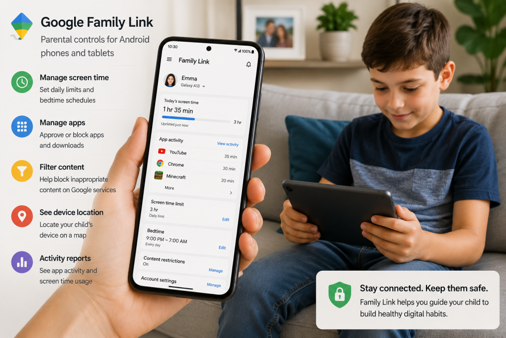 Parent managing parental controls using Google Family Link.