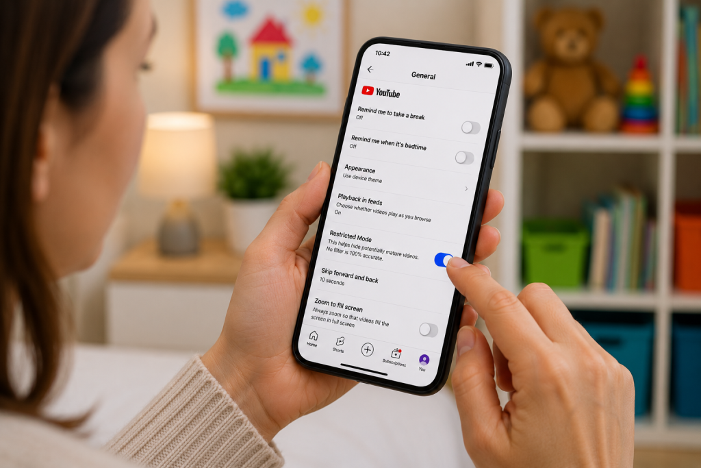 Parent setting YouTube safety controls on a phone.