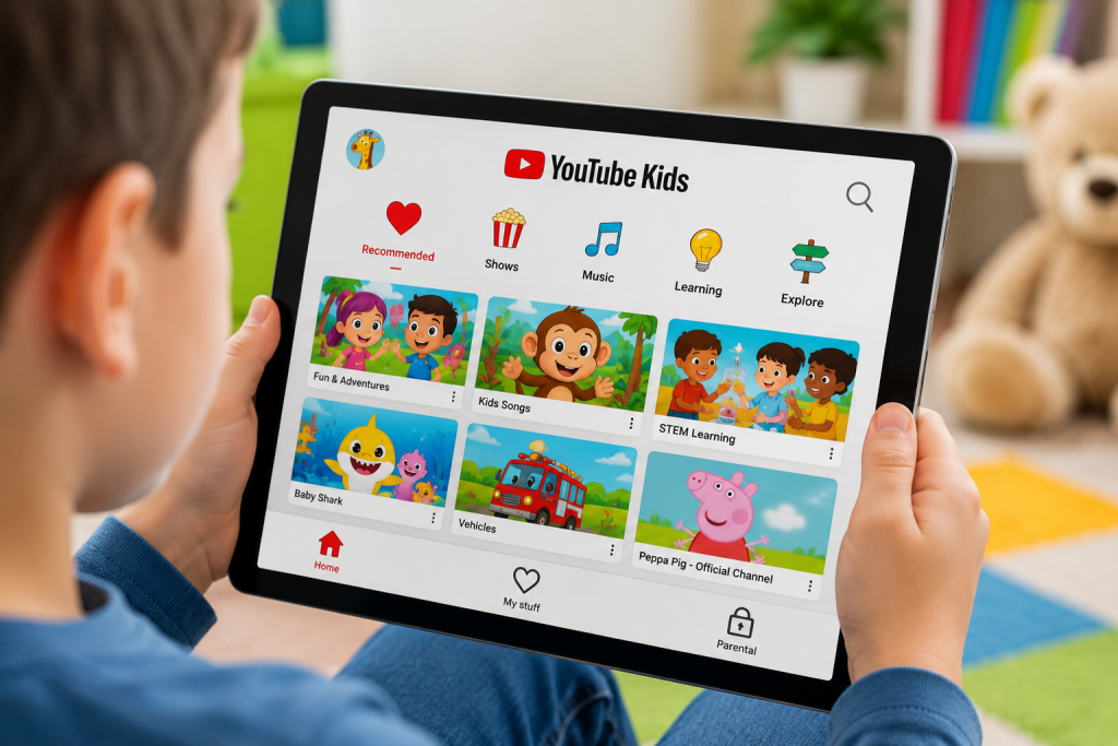 YouTube Kids app on a tablet for safer viewing.