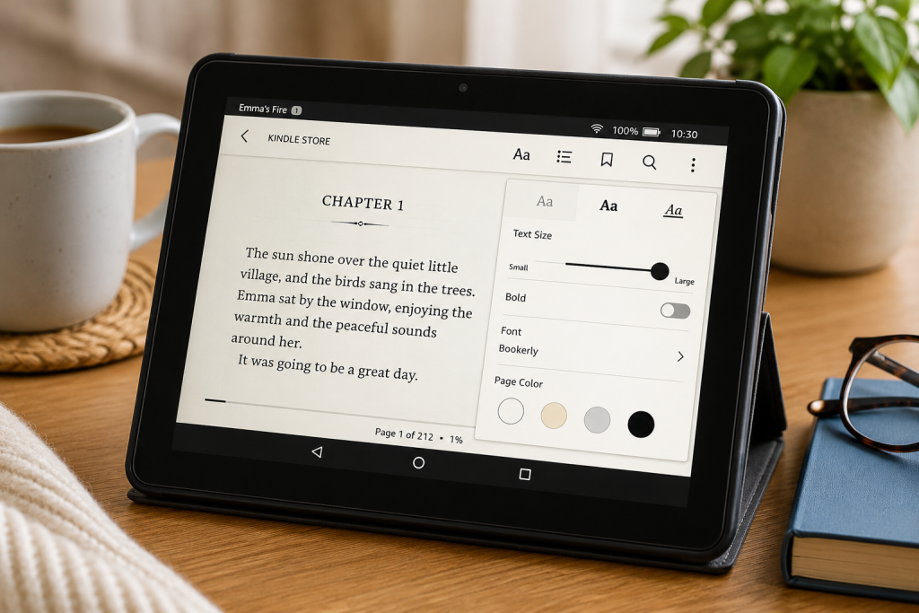 Amazon Fire Tablet displaying a Kindle eBook with adjustable text size.