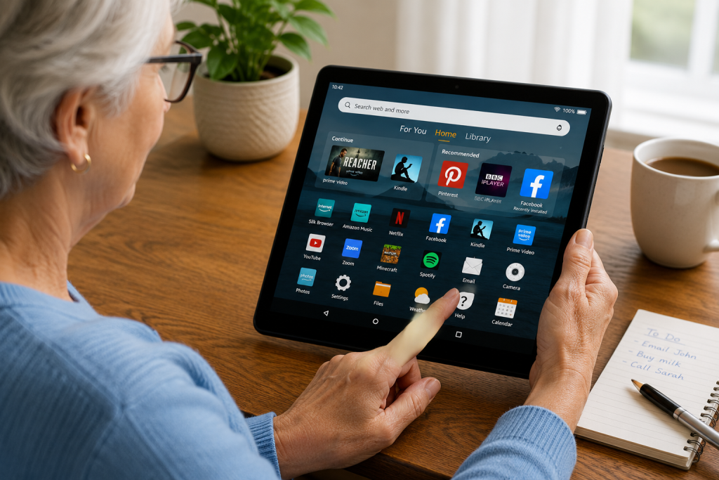 Beginner confidently using an Amazon Fire Tablet to browse the internet and check emails.
