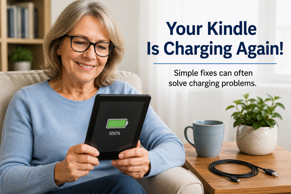 Happy older adult reading a fully charged Kindle in a comfortable chair after successfully fixing the charging problem.