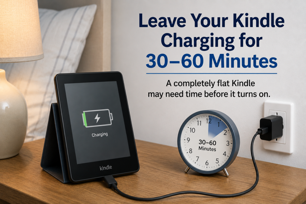 Kindle charging on a bedside table beside a wall charger with a clock showing time passing.