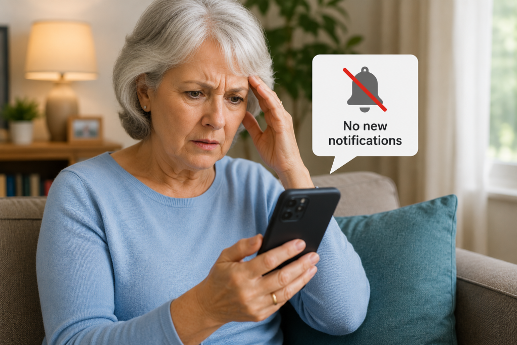 Person checking a smartphone after not receiving expected notifications.