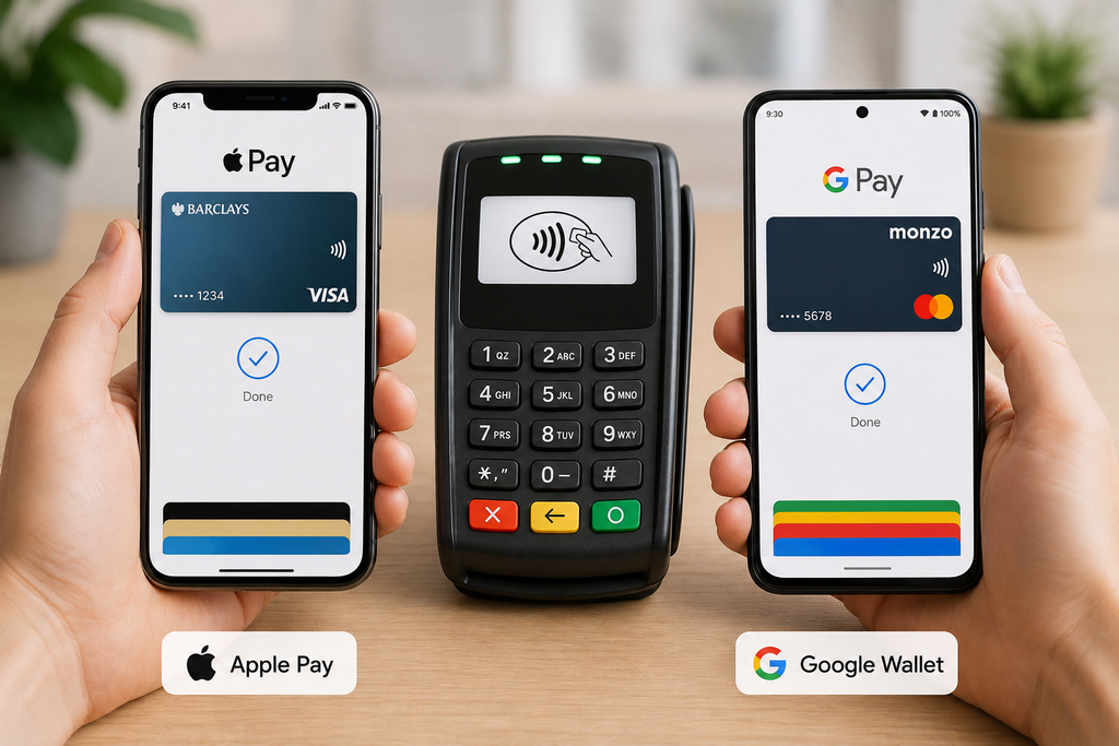 Using Apple Pay or Google Pay on a smartphone at a contactless card reader