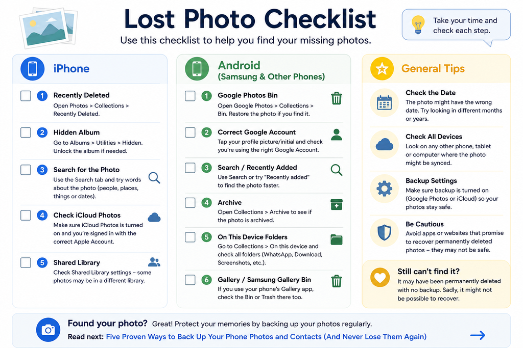Checklist of places to look when photos are missing from an iPhone or Android phone