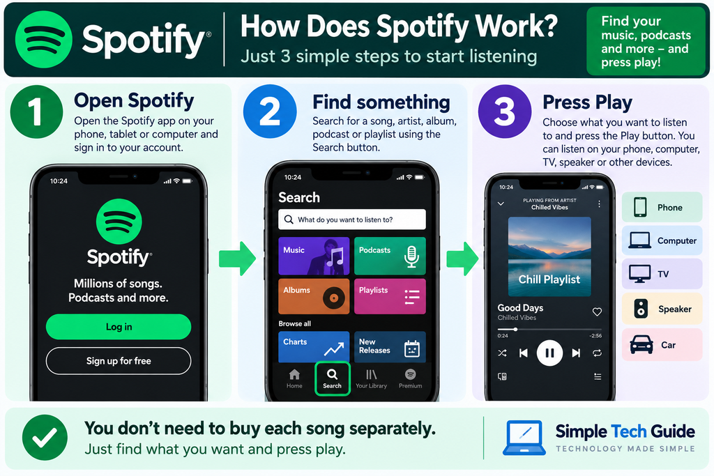 How Spotify works showing how to search for music and press play