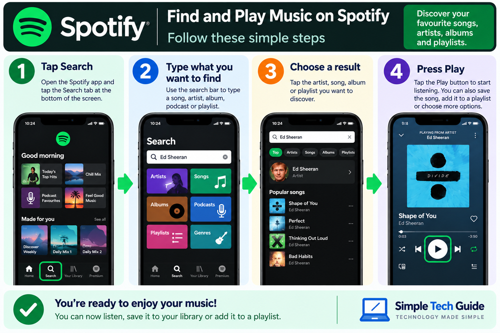 How to search for music and play a song on Spotify