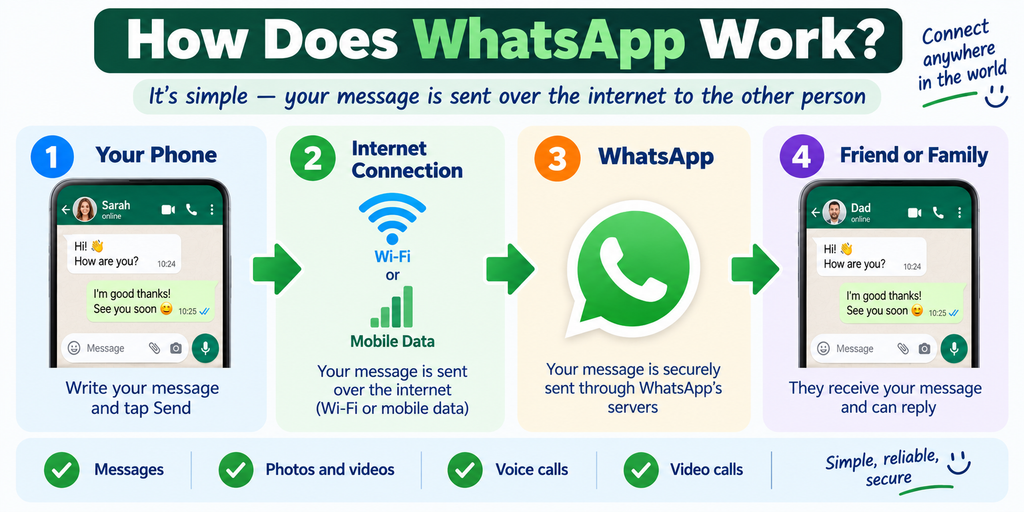  Simple diagram showing how WhatsApp works using Wi-Fi or mobile data