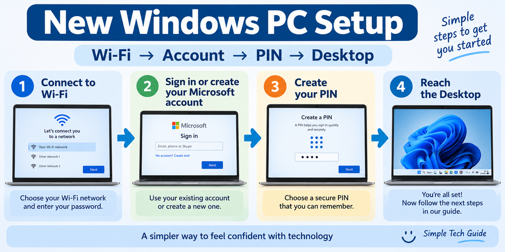  Windows 11 setup steps including Wi-Fi Microsoft account PIN and desktop