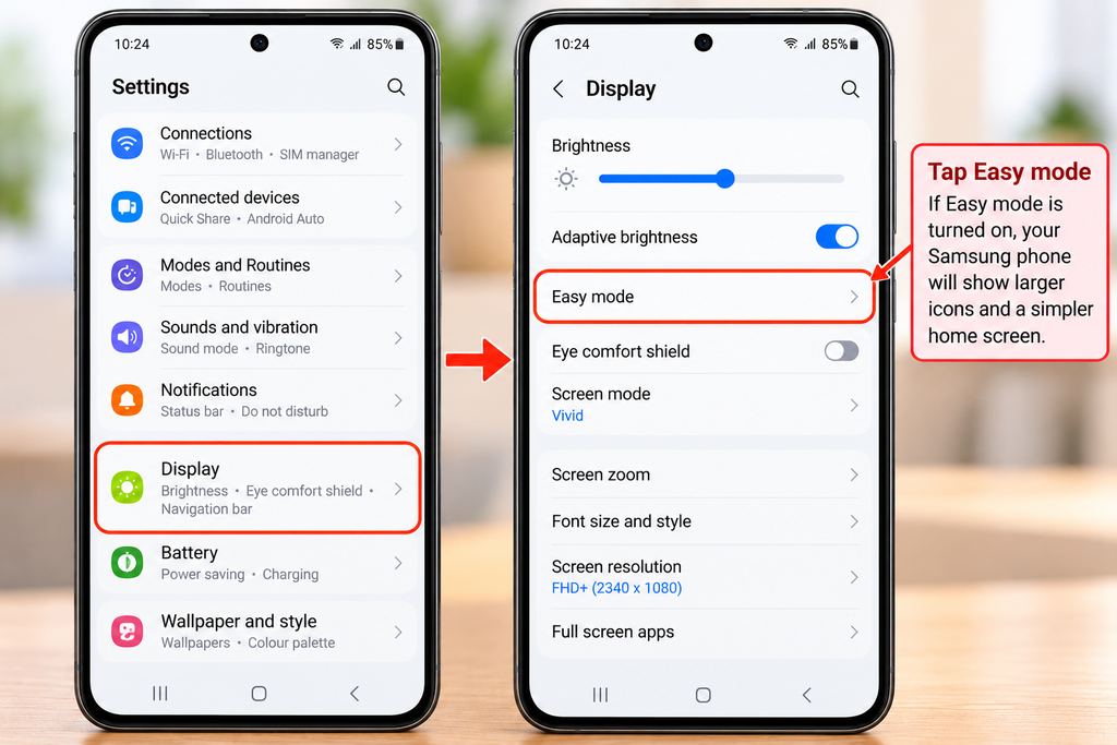 Samsung Galaxy Display settings showing the Easy Mode option