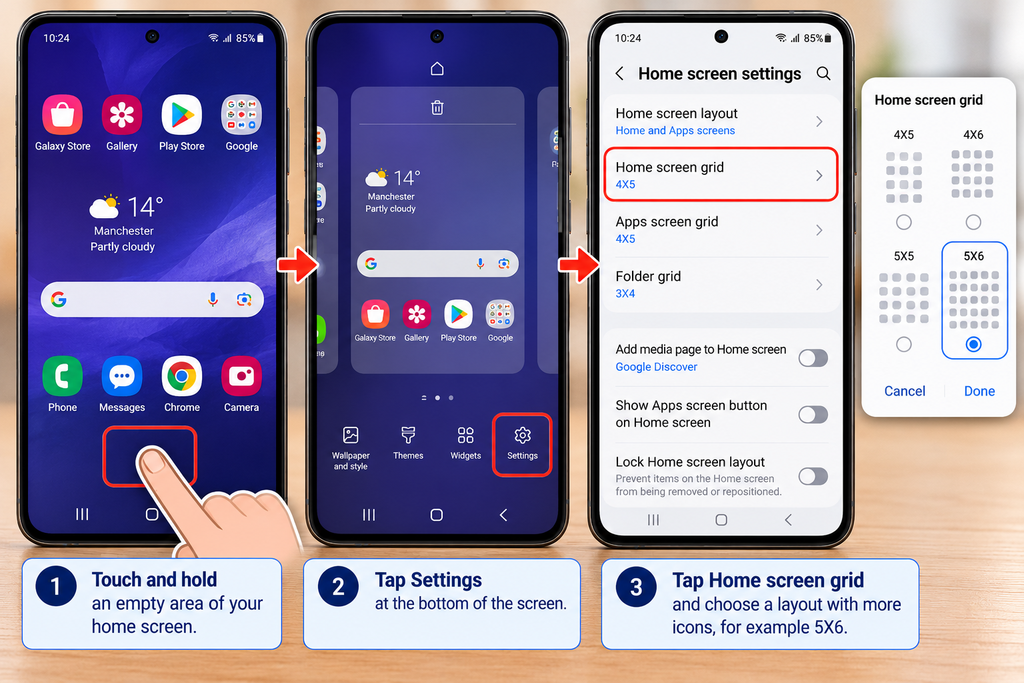 Samsung Galaxy home screen grid settings showing different app icon layouts.
