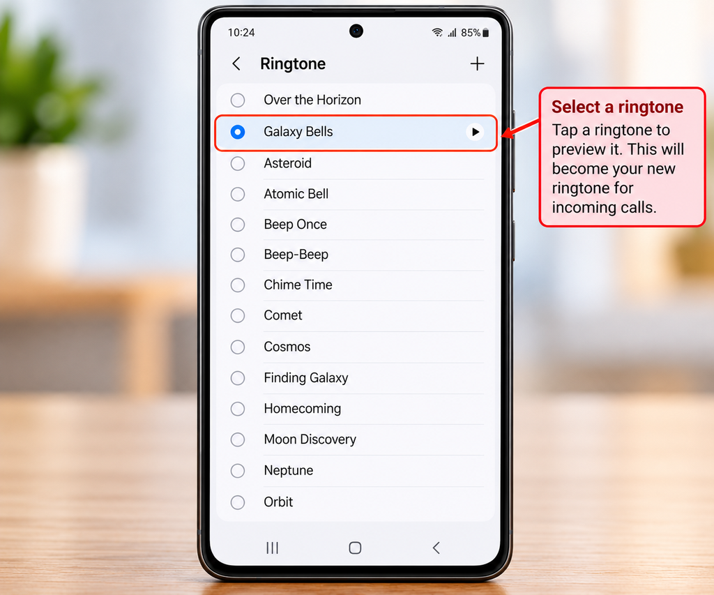 Samsung Galaxy ringtone settings showing a list of available ringtone sounds.