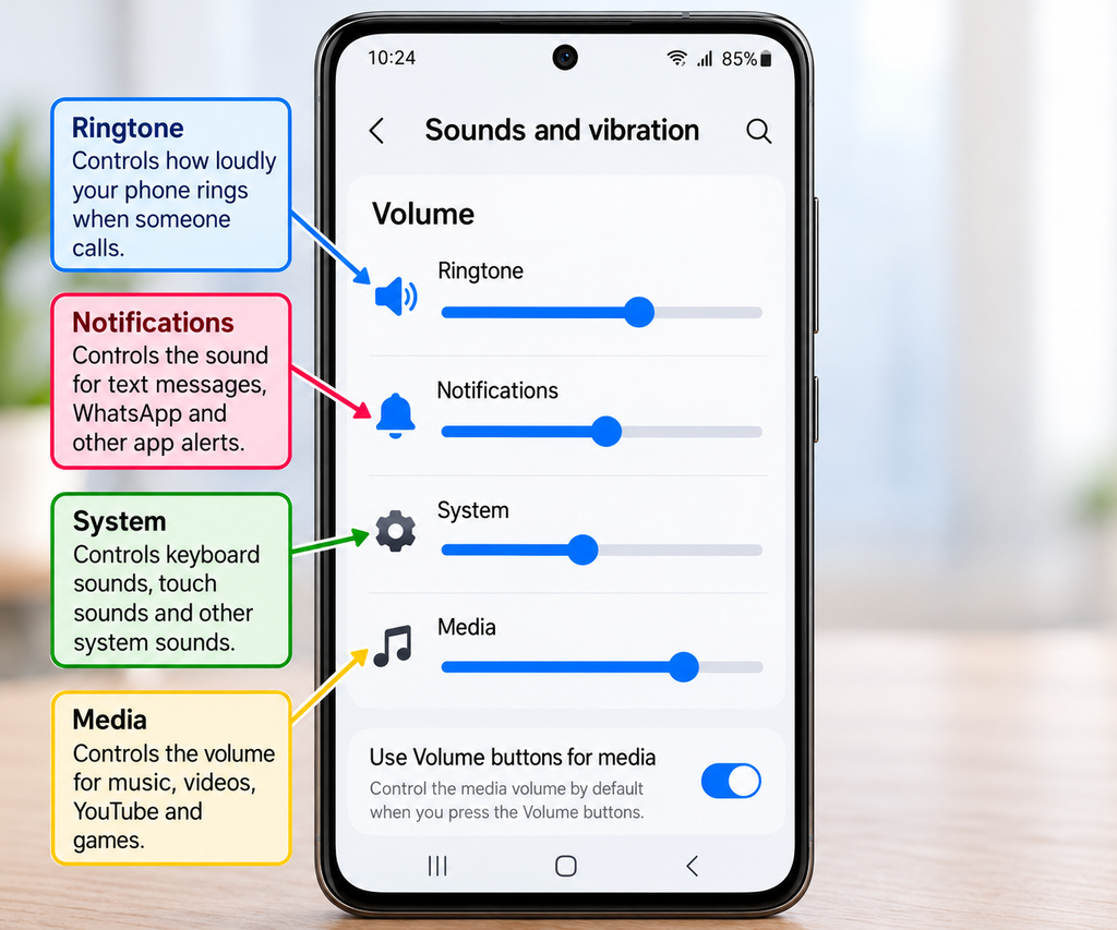 Samsung Galaxy volume settings showing separate ringtone, notification, system and media sliders.
