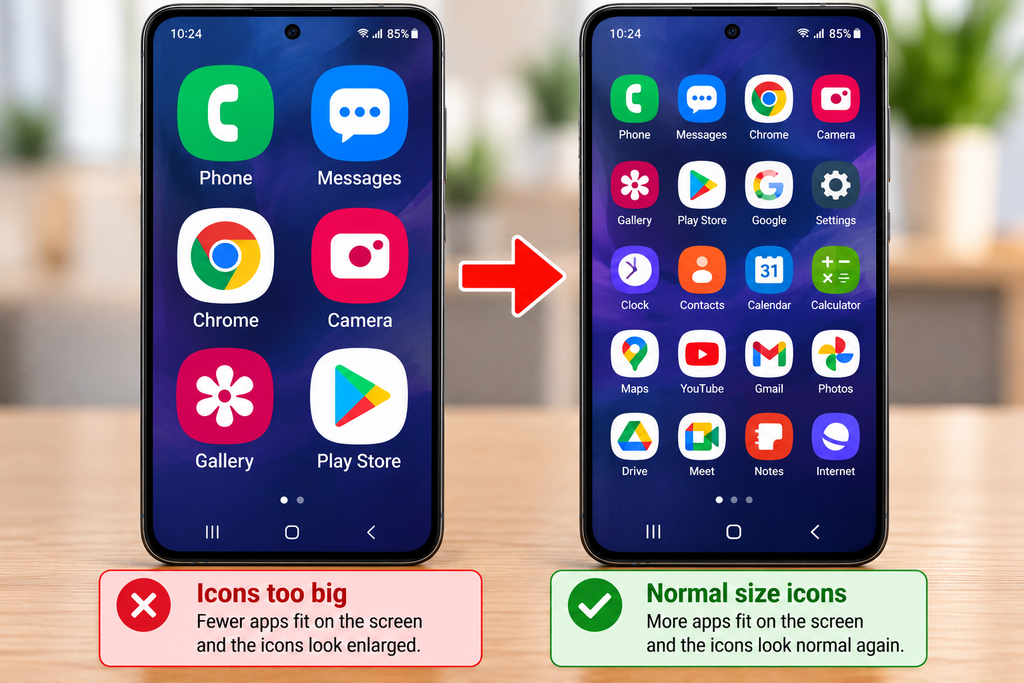 Side-by-side comparison of normal-sized and enlarged smartphone app icons.