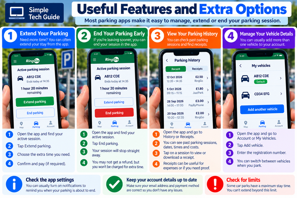 Useful parking app features including extending parking and viewing parking history