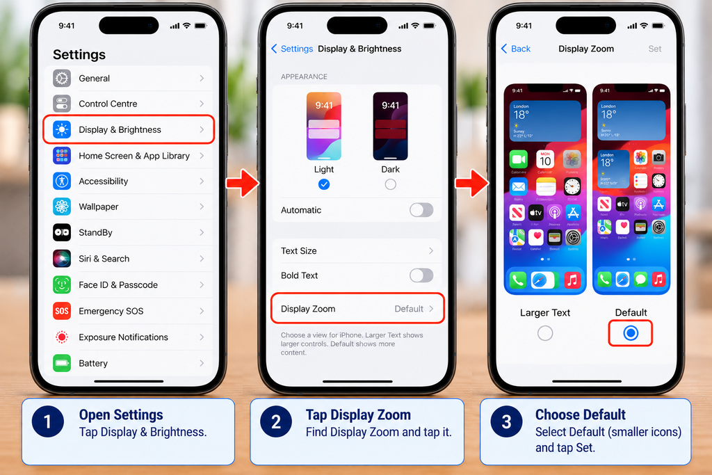  iPhone Display and Brightness settings showing the Display Zoom options.