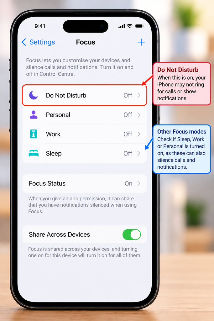 iPhone Focus settings showing the Do Not Disturb option.