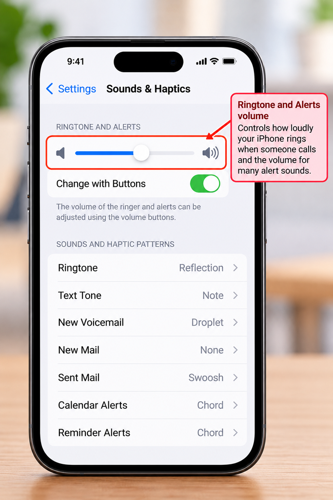 iPhone Sounds and Haptics settings showing the Ringtone and Alerts volume slider.