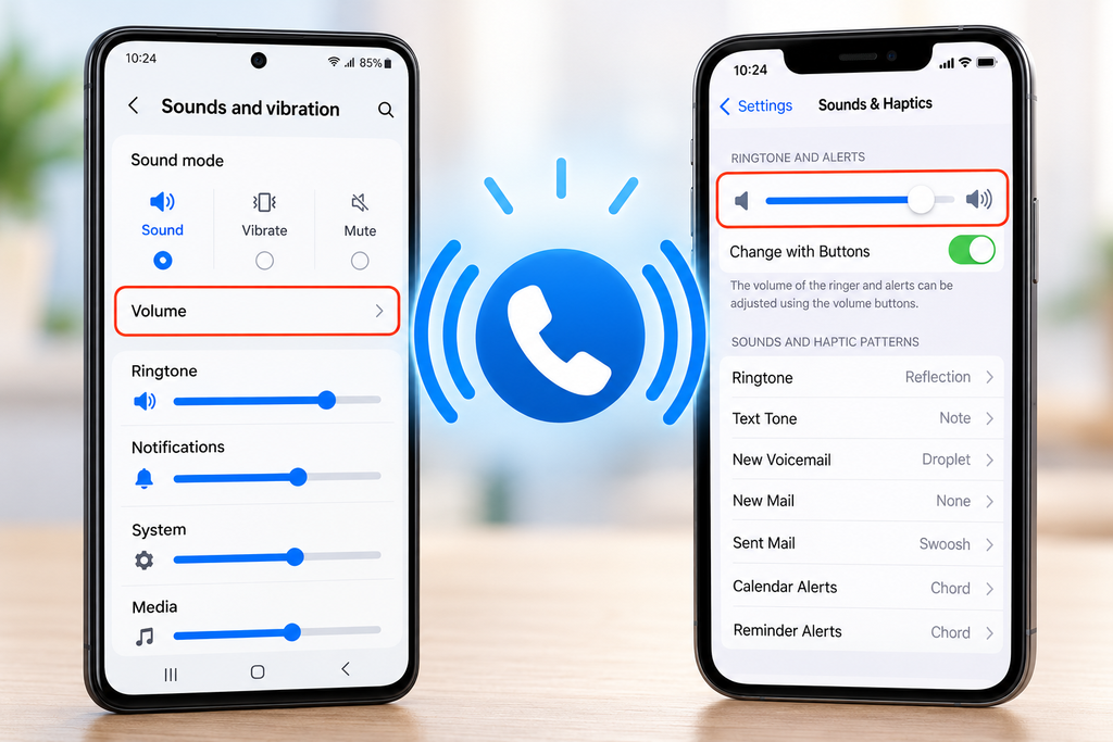 iPhone and Samsung Android phone showing ringing and sound settings.