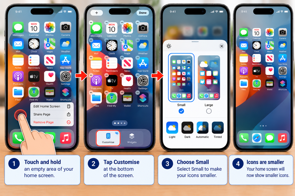 iPhone home screen customisation showing Small and Large app icon options.